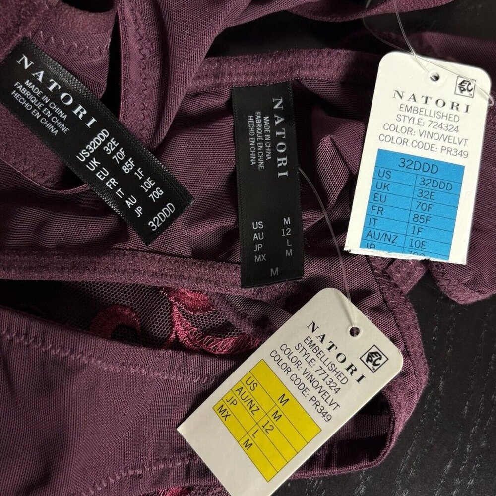 NWT NATORI Size 32DDD Embroidered Underwire Bra M Thong Panties Set Vino/Velvet - Picture 4 of 4